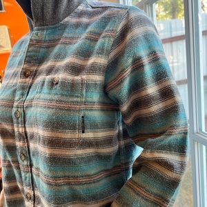 Billabong, long sleeve, hood, size large. Navy,Blue, white& Pink stripes.